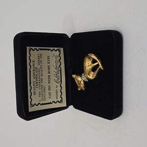 Vintage Cat Pin Brooch With Ruby Eyes Rhinestones Gold Finish